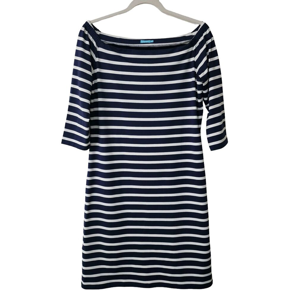 J. McLaughlin Catalina Cloth Dress M Navy White Stripe 3/4 Sleeve Nautical Coast